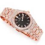 AP WATCH ICED OUT ROYAL OAK 41MM STEEL ROSE GOLD BLACK DIAL FULL MOISSANITE