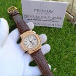 Patek Philippe Rose gold Nautilus Leather Strap & white Dial Men's wrist Watch 5980R-001