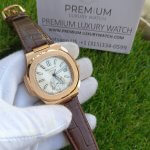 Patek Philippe Rose gold Nautilus Leather Strap & white Dial Men's wrist Watch 5980R-001
