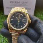 ROLEX DAY DATE GOLD BLACK Dial 40MM PRESIDENTIAL Fluted Bezel Watch 228238