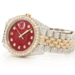 DIAMOND ROLEX WATCH DATEJUST 36MM TWO TONE RED DIAL FULL ICED VVS MOISSANITE 17.20CT