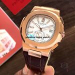 Patek Philippe Rose gold Nautilus Leather Strap & white Dial Men's wrist Watch 5980R-001