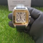 Large White Watch | Cartier Santos 100XL Chronograph | Two Tone Black Leather Belt Watch