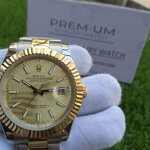 Rolex Datejust 41MM Yellow Gold Steel Golden Palm Motif Dial Fluted Bezel Oyster Bracelet 126233