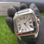 Cartier Santos Black Leather strap 100 Large White Dial Steel Men’s Watch W20107X7
