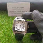 Cartier Santos Black Leather strap 100 Large White Dial Steel Men’s Watch W20107X7