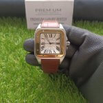 Cartier Santos Rose Gold 100 Large White Dial  Brown Leather Belt Men’s Watch W20107X7