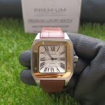 Cartier Santos Rose Gold 100 Large White Dial  Brown Leather Belt Men’s Watch W20107X7