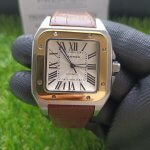 Cartier Santos Rose Gold 100 Large White Dial  Brown Leather Belt Men’s Watch W20107X7