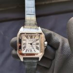 Cartier Santos Black Leather strap 100 Large White Dial Steel Men’s Watch W20107X7