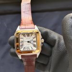 Cartier Santos 100 Gold Yellow Large White Dial  Brown Leather Belt Men's Watch W20107X7